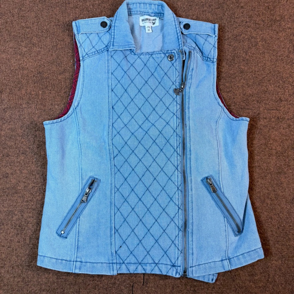 Dream Out Loud Selena Gomez Denim Vest Womens Medium Blue Quilted Moto Full Zip